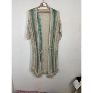 Chicos Womens Cardigan Large XL Beachy Knit Linen Fringe Duster Festival Kimono